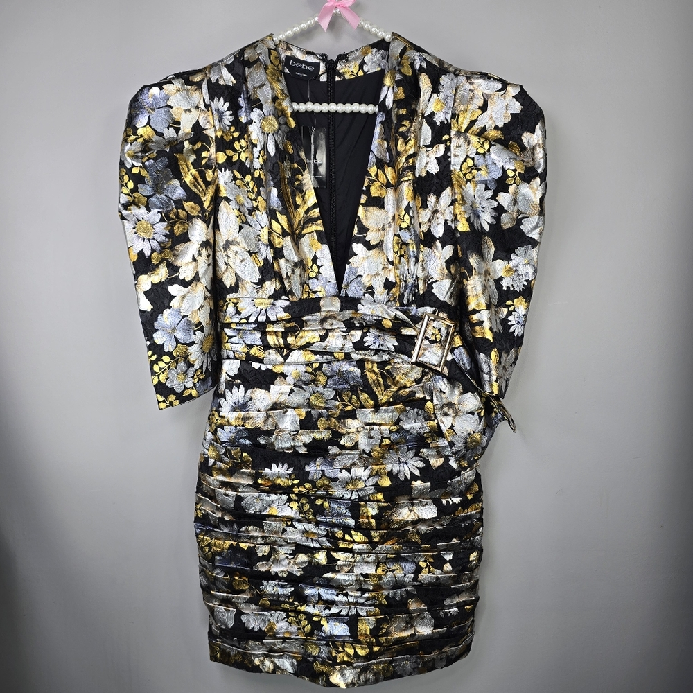 Bebe Metallic Ruched Mini Dress NWT Floral Jacquard Gold Silver Foil Y2K Size 6